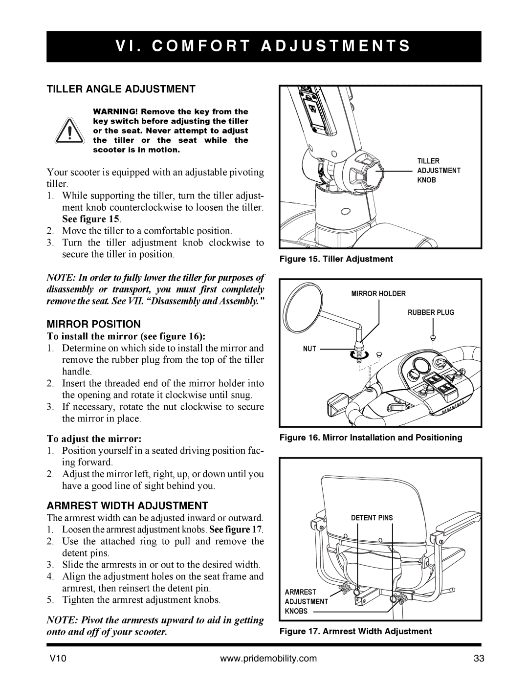 Pride Mobility v10 C O M F O R T a D J U S T M E N T S, Tiller Angle Adjustment, Mirror Position, Armrest Width Adjustment 