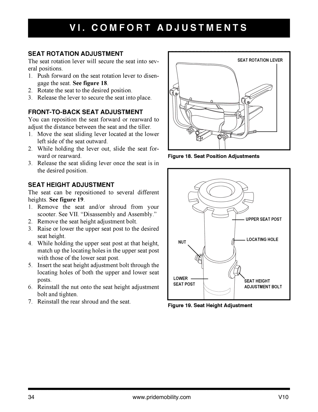 Pride Mobility v10 manual Seat Rotation Adjustment, FRONT-TO-BACK Seat Adjustment, Seat Height Adjustment 