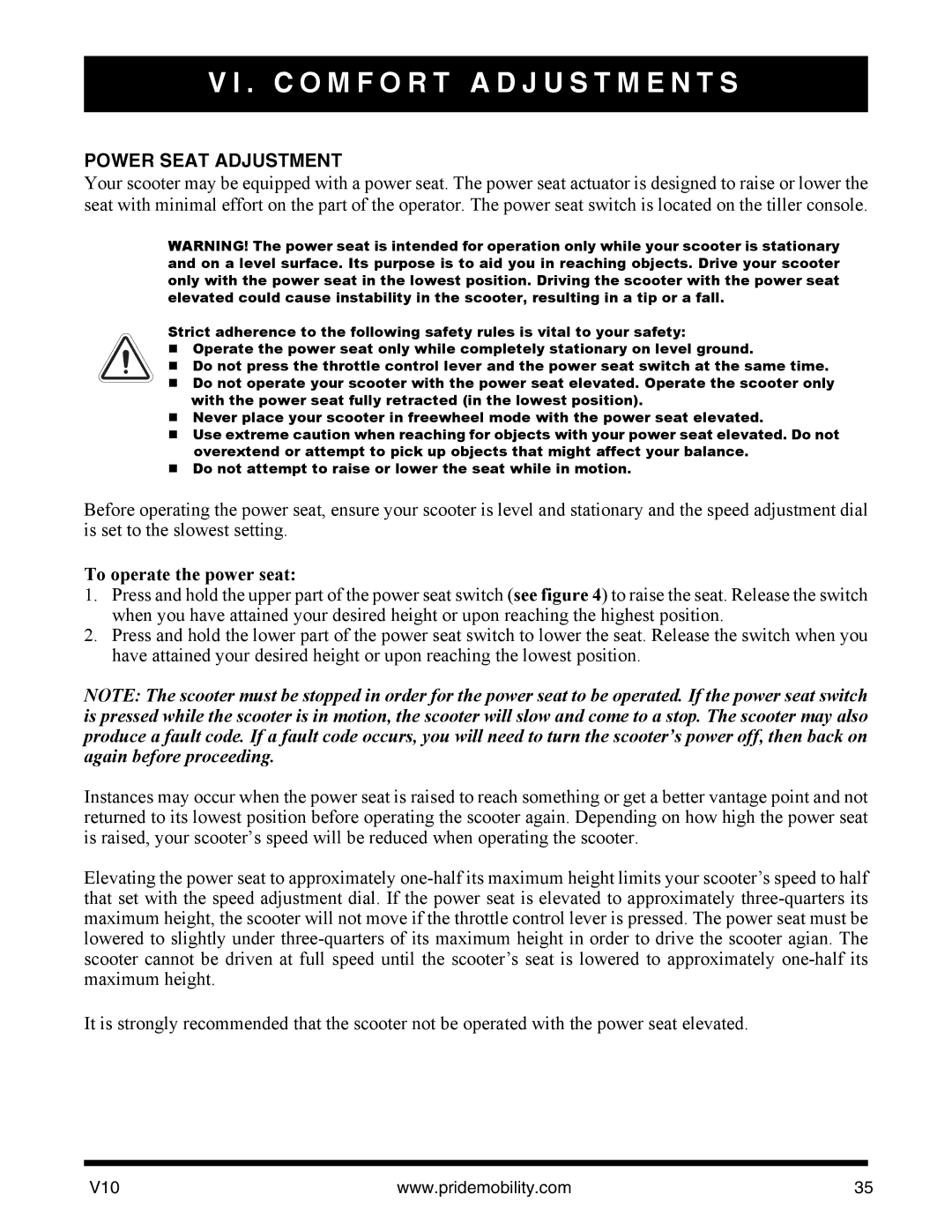 Pride Mobility v10 manual Power Seat Adjustment, To operate the power seat 