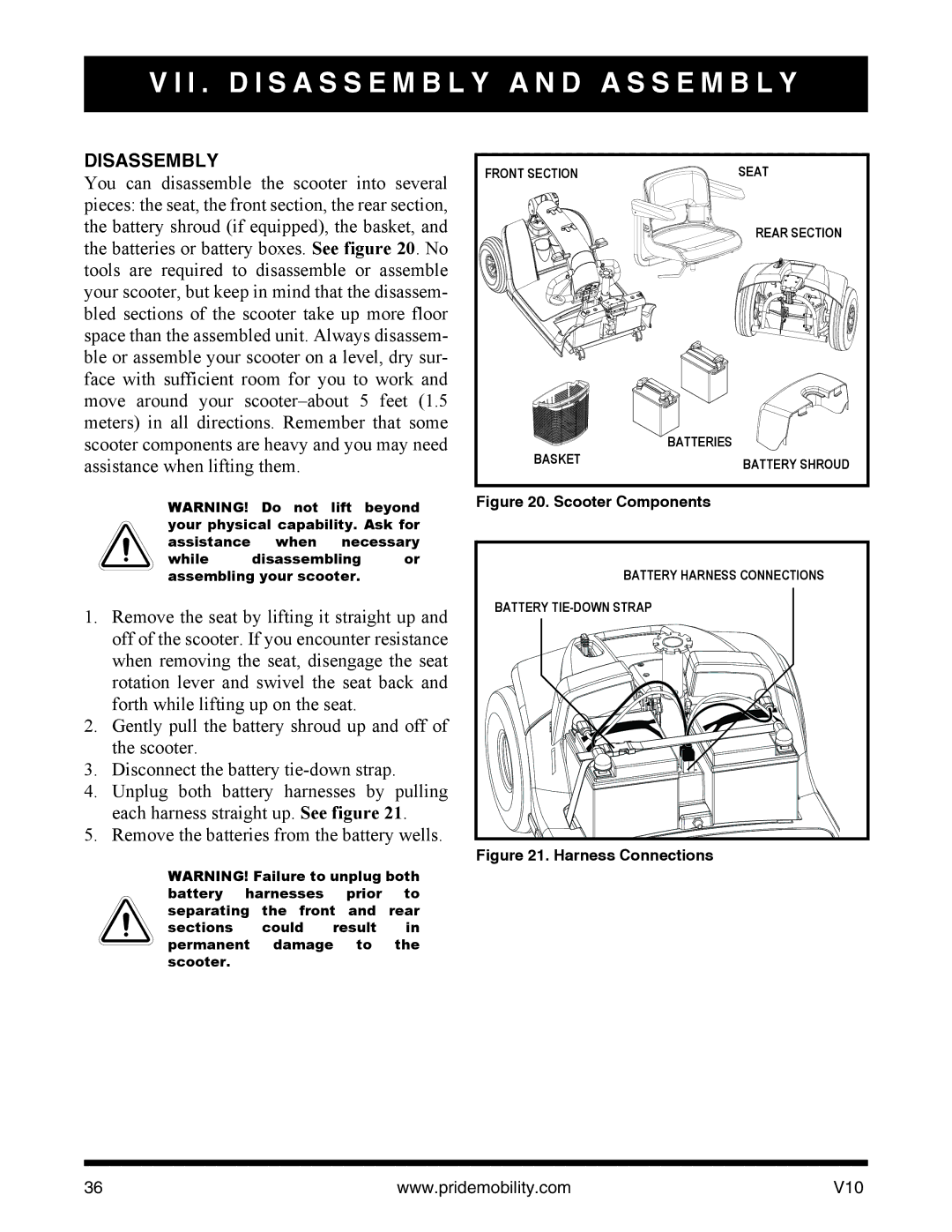 Pride Mobility v10 manual I . D I S a S S E M B L Y a N D a S S E M B L Y, Disassembly 