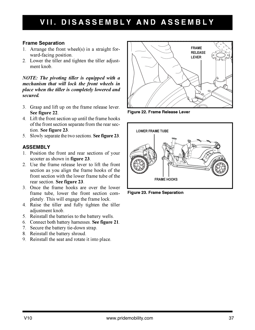 Pride Mobility v10 manual Frame Separation, Assembly 