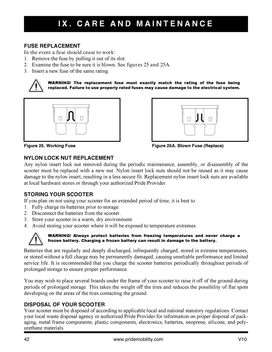 Pride Mobility v10 Fuse Replacement, Event a fuse should cease to work, Nylon Lock NUT Replacement, Storing Your Scooter 