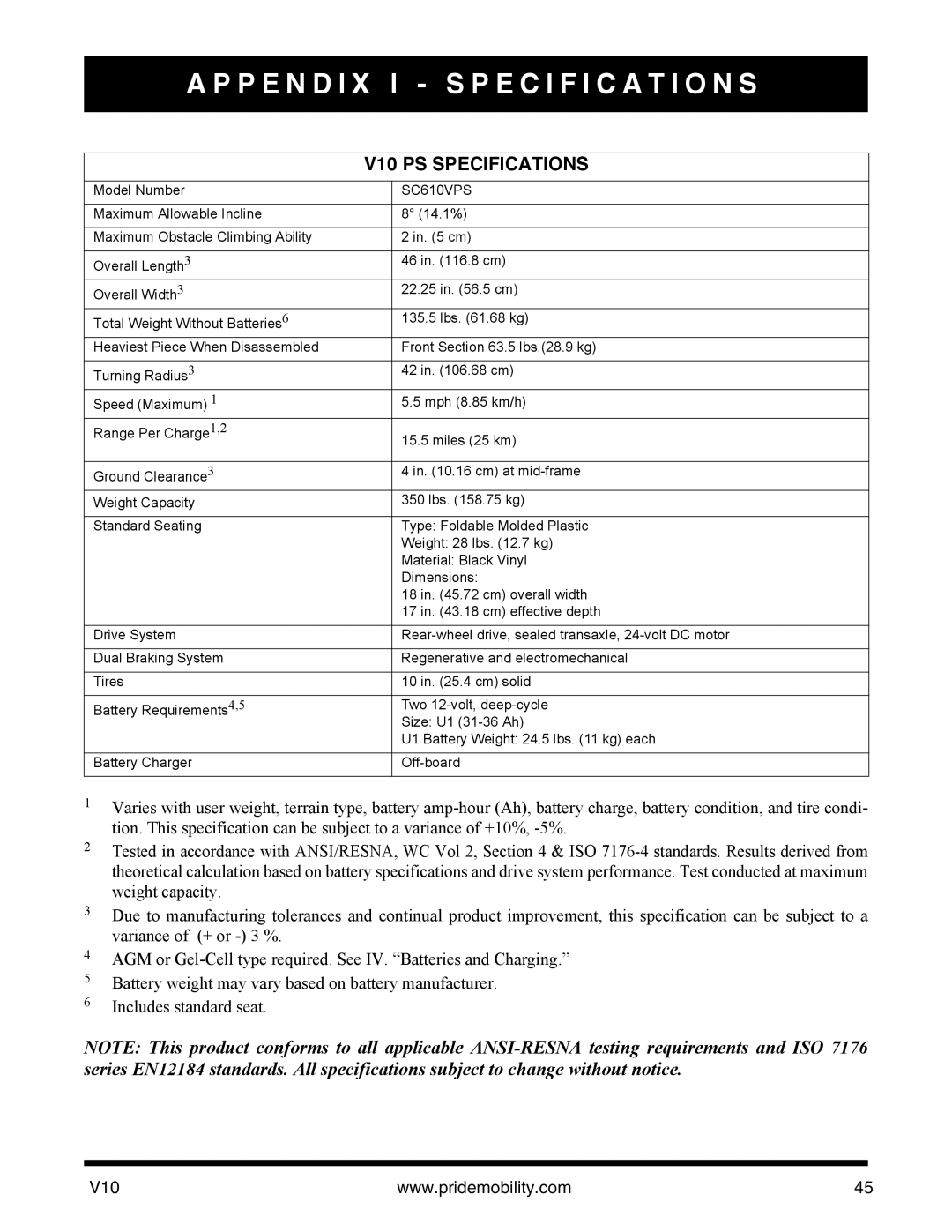 Pride Mobility v10 manual V10 PS Specifications, SC610VPS 