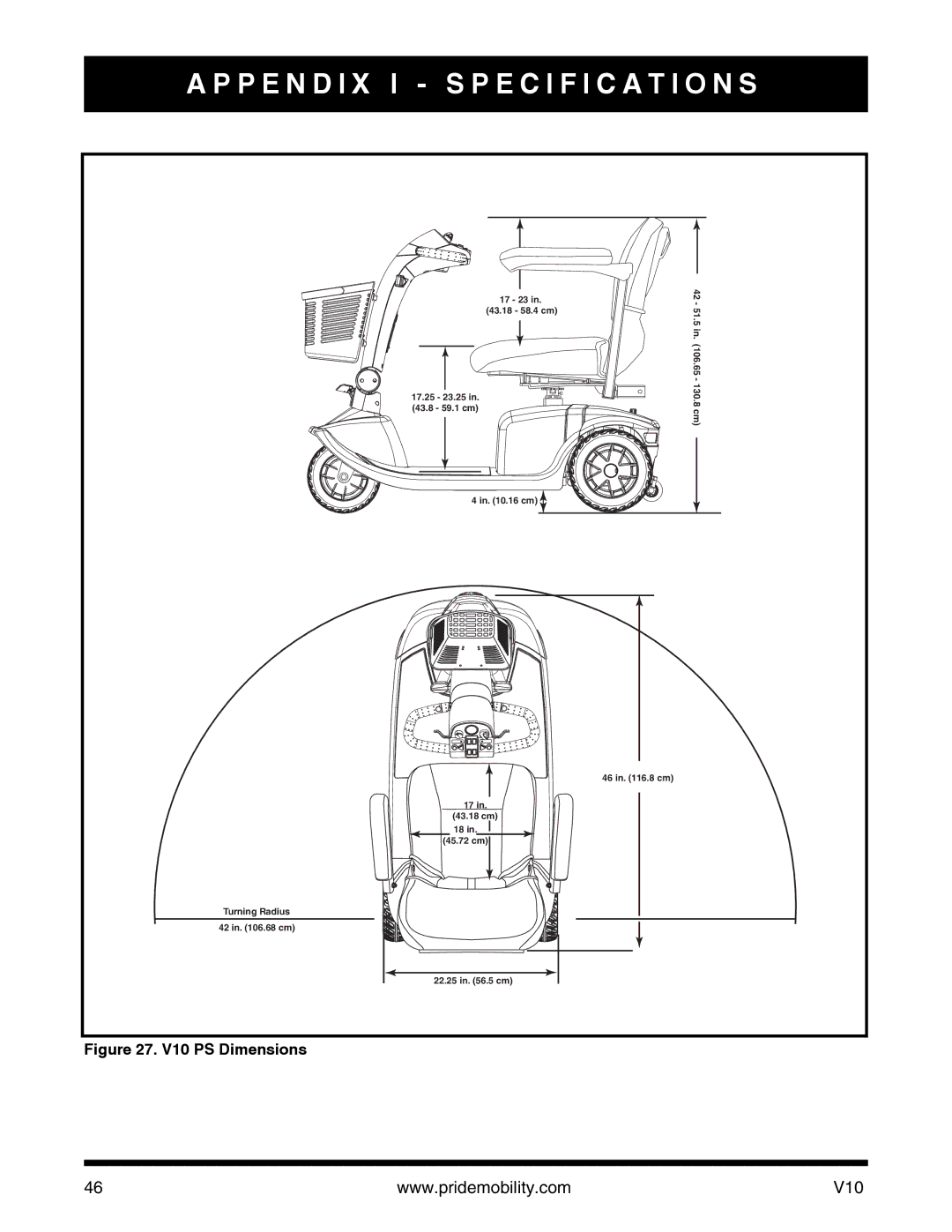 Pride Mobility v10 manual V10 PS Dimensions 