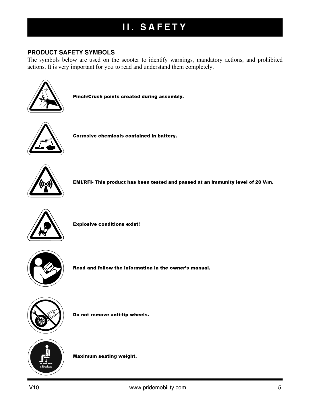 Pride Mobility v10 manual S a F E T Y, Product Safety Symbols 