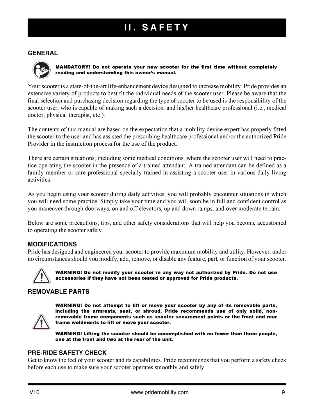 Pride Mobility v10 manual General, Modifications, Removable Parts PRE-RIDE Safety Check 