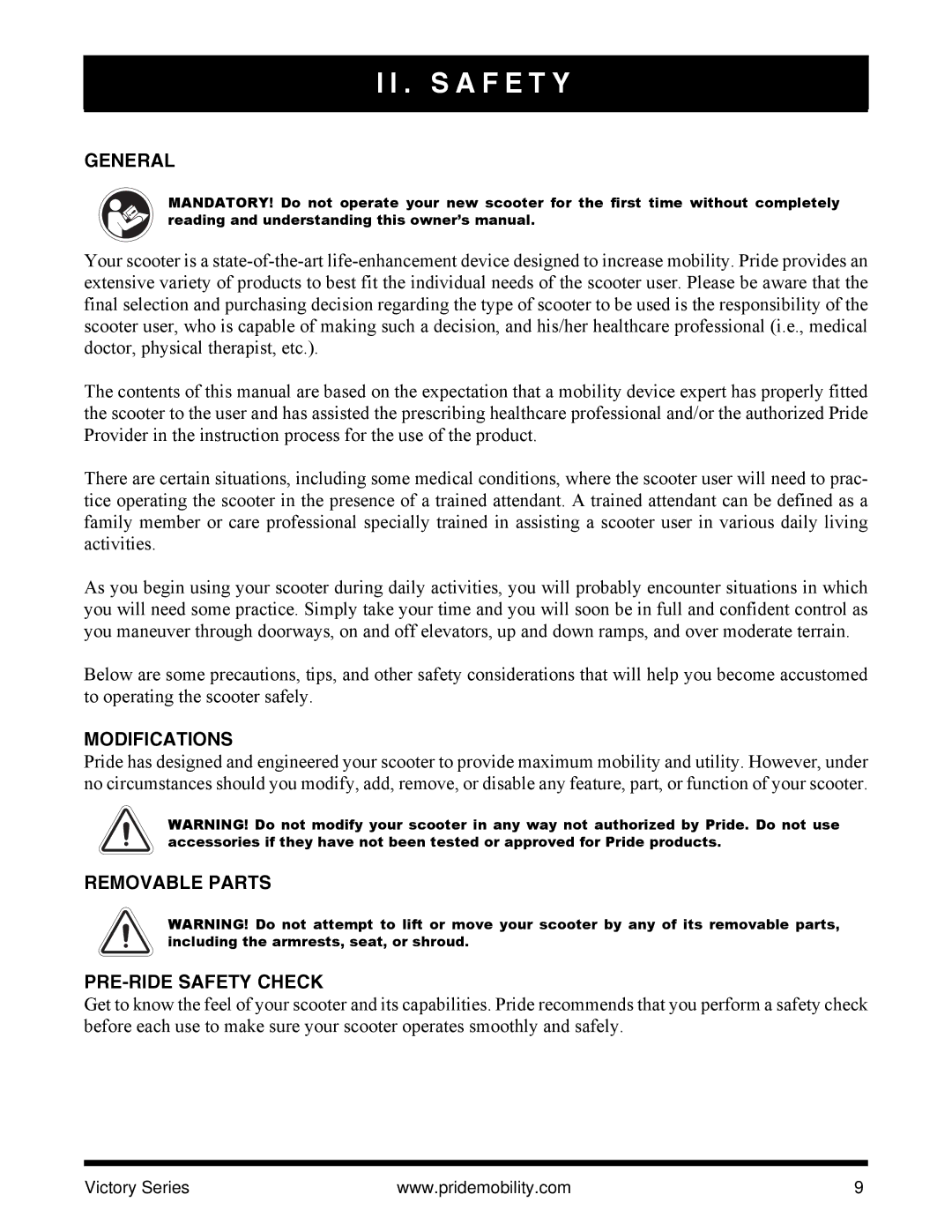 Pride Mobility Victory 9 PS, Victory 10 manual General, Modifications, Removable Parts PRE-RIDE Safety Check 