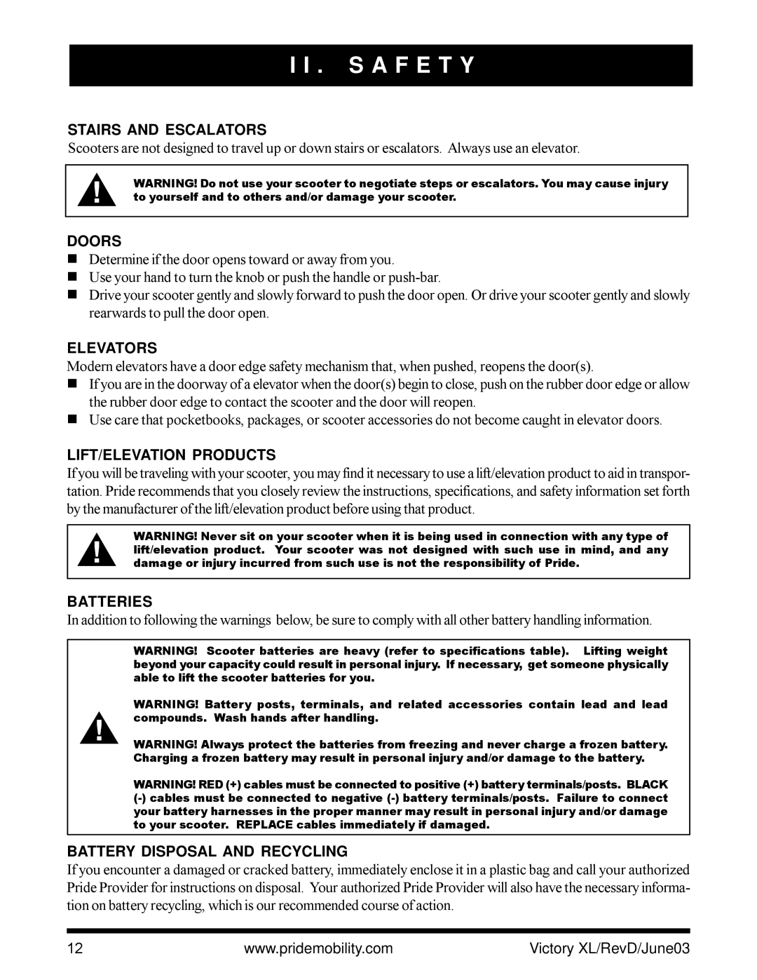 Pride Mobility Victory XL owner manual Stairs and Escalators, Doors, Elevators, LIFT/ELEVATION Products, Batteries 