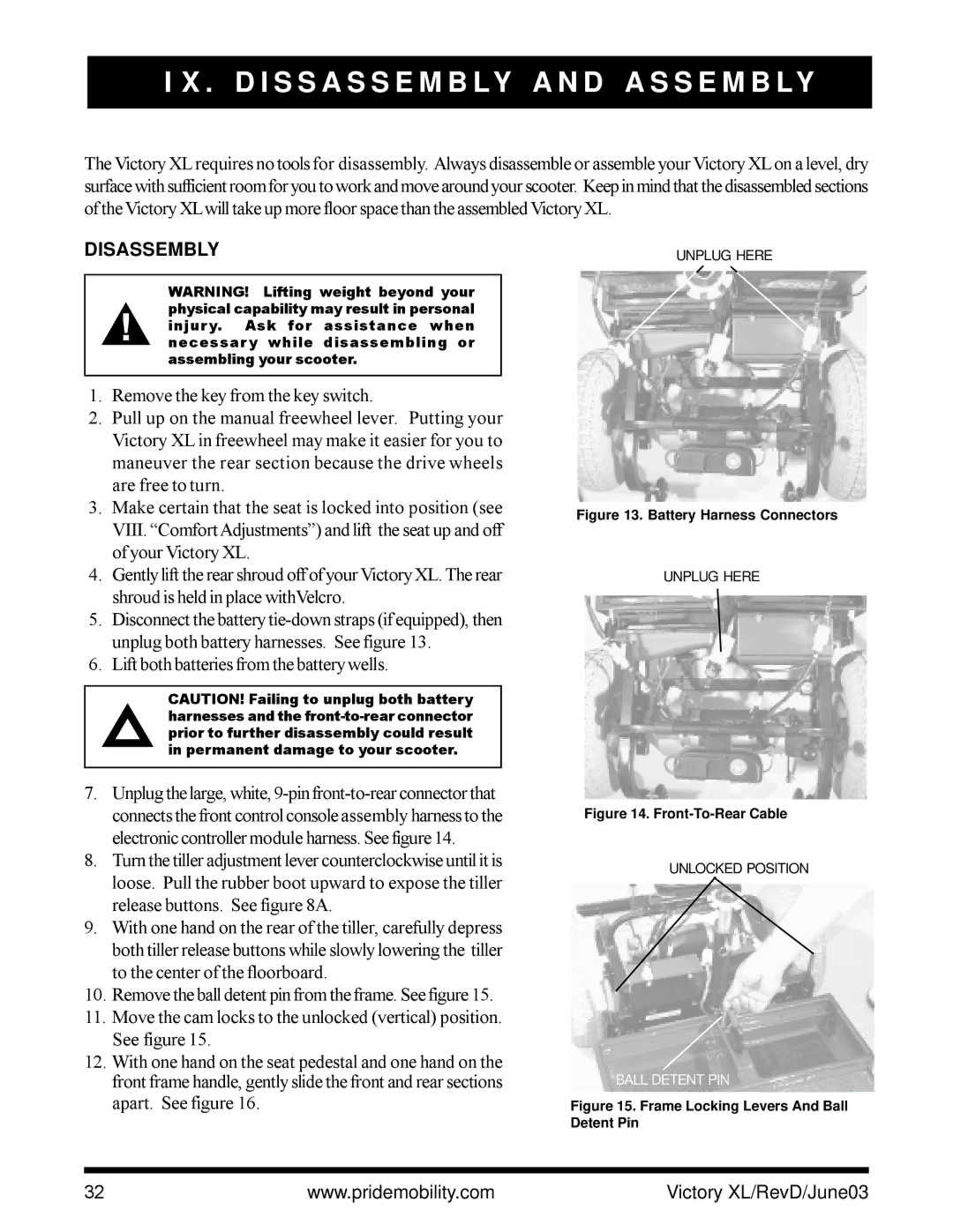 Pride Mobility Victory XL owner manual D I S S a S S E M B LY a N D a S S E M B LY, Disassembly 