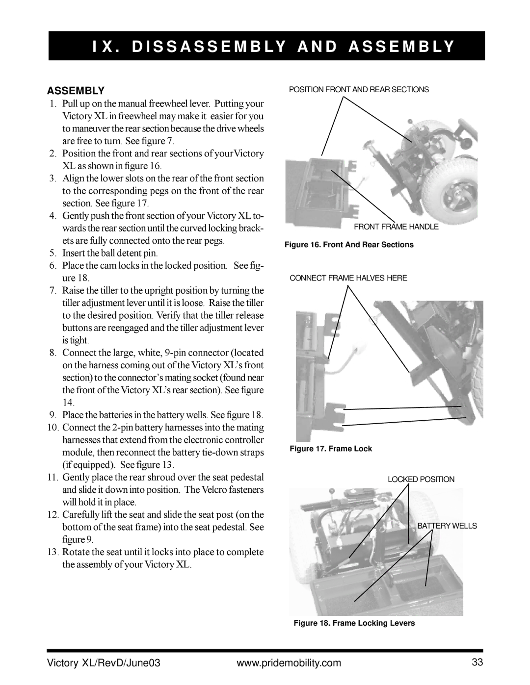 Pride Mobility Victory XL owner manual Assembly, Front And Rear Sections 