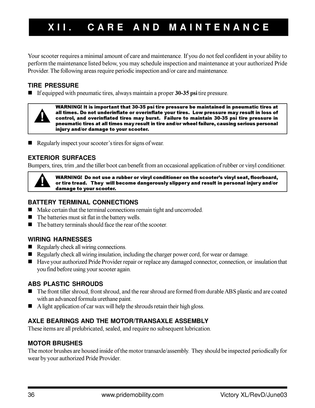 Pride Mobility Victory XL owner manual I . C a R E a N D M a I N T E N a N C E 