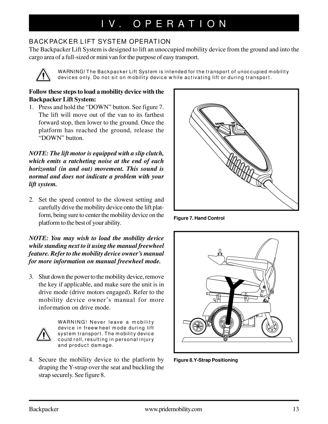 Pride Mobility Wheelchair/Scooter Lift manual O P E R a T I O N, Backpacker Lift System Operation 