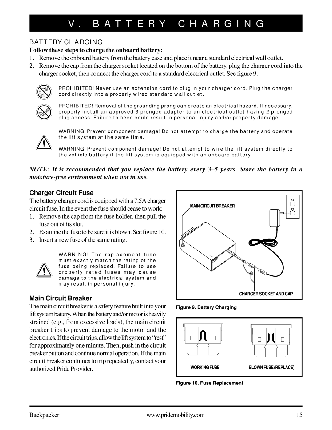 Pride Mobility Wheelchair/Scooter Lift manual A T T E R Y C H a R G I N G, Battery Charging, Charger Circuit Fuse 