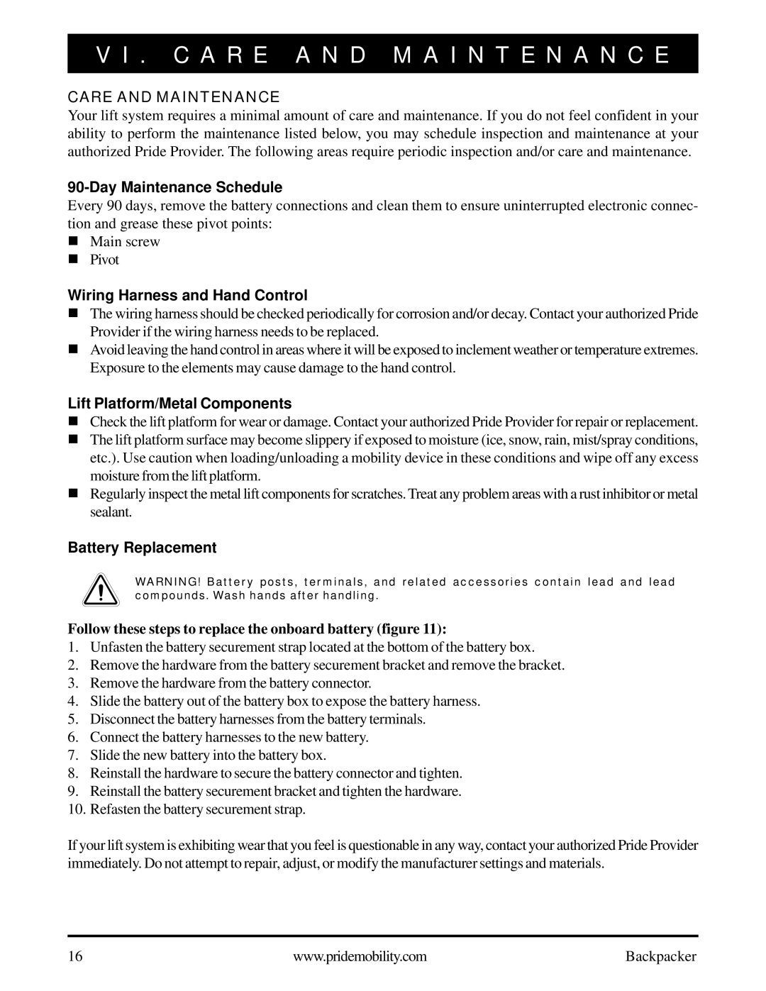 Pride Mobility Wheelchair/Scooter Lift manual C a R E a N D M a I N T E N a N C E, Care and Maintenance 