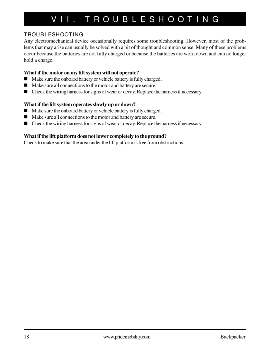 Pride Mobility Wheelchair/Scooter Lift manual I . Troubleshooting, What if the motor on my lift system will not operate? 