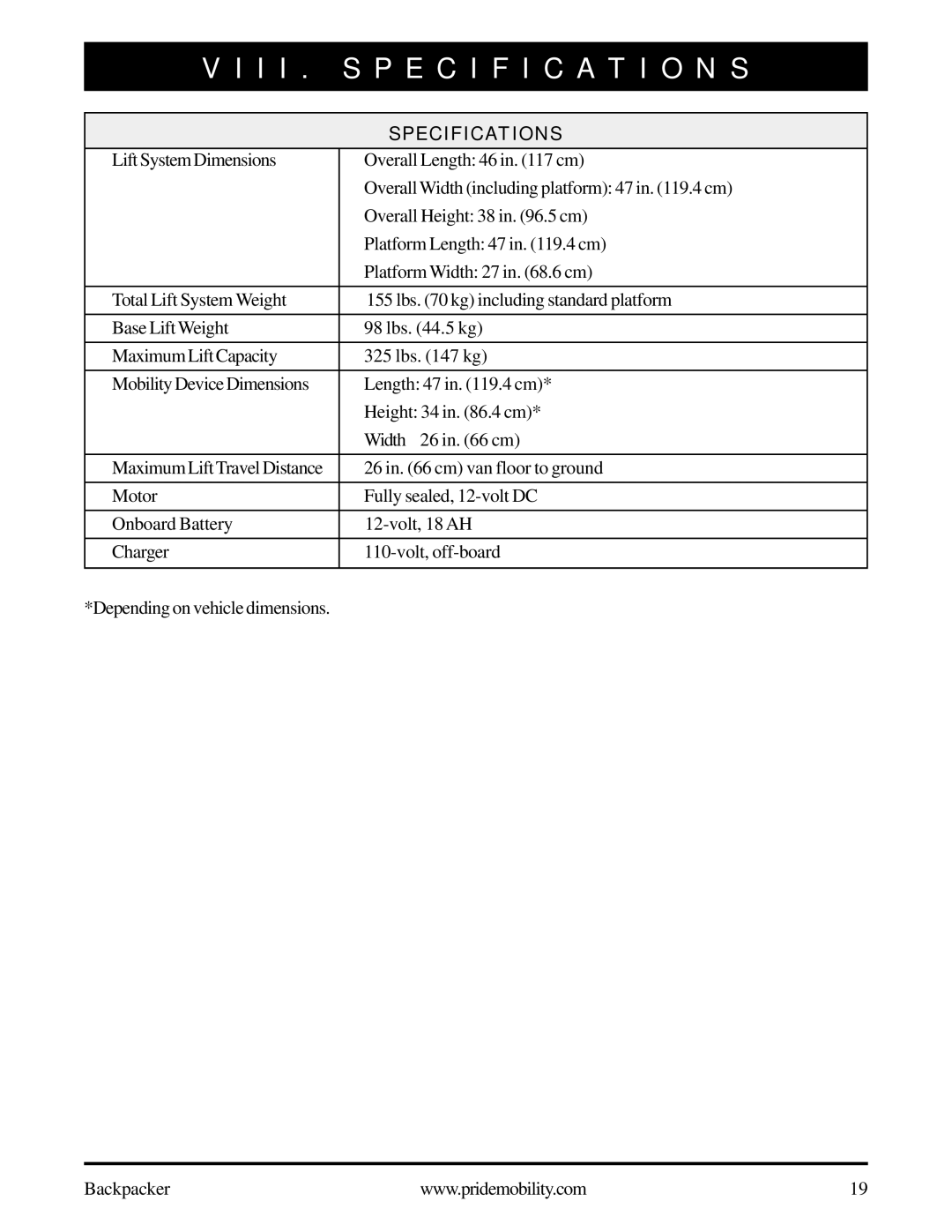 Pride Mobility Wheelchair/Scooter Lift manual I I . Specification S, Specifications 