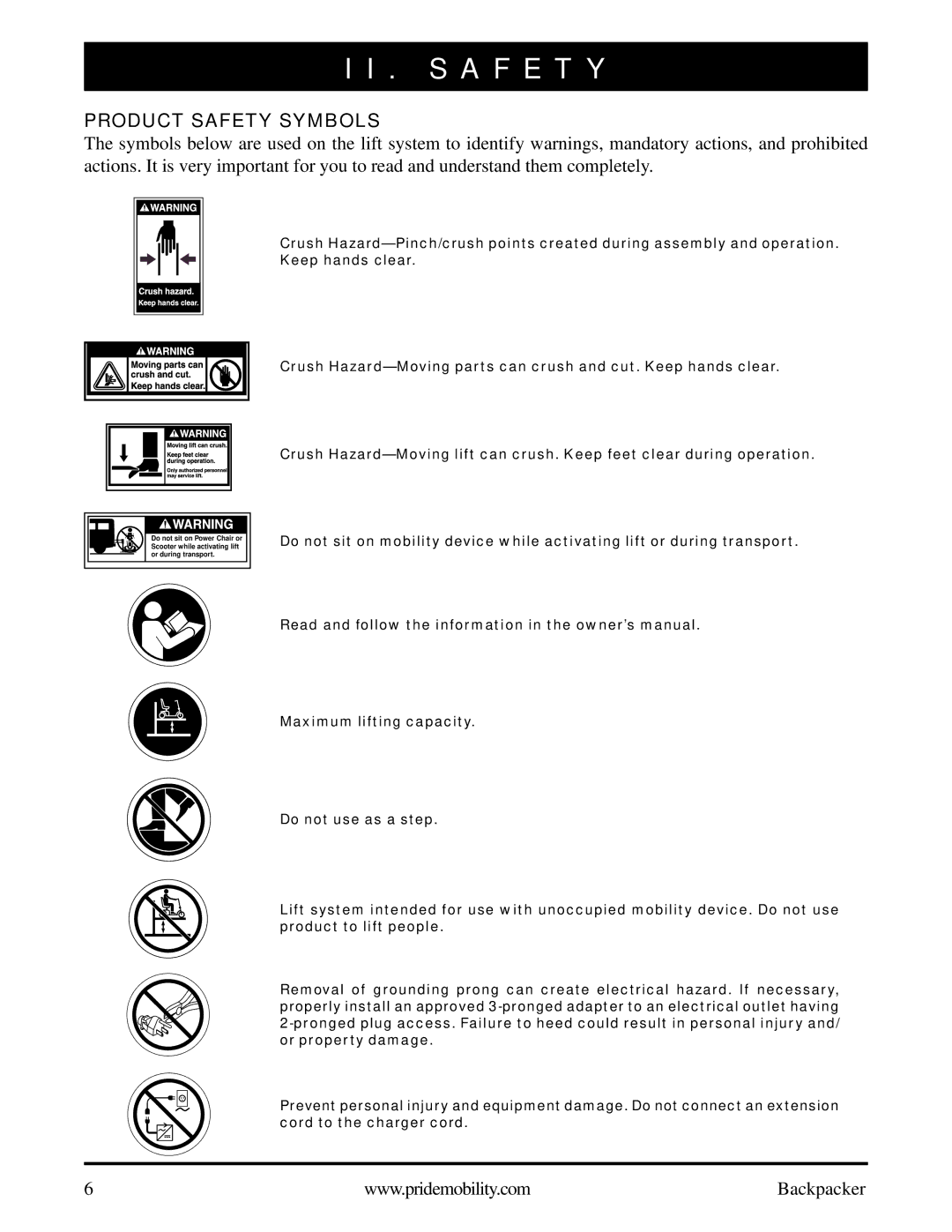 Pride Mobility Wheelchair/Scooter Lift manual S a F E T Y, Product Safety Symbols 