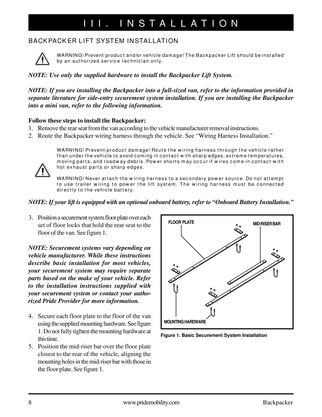 Pride Mobility Wheelchair/Scooter Lift manual I . Installation, Backpacker Lift System Installation 