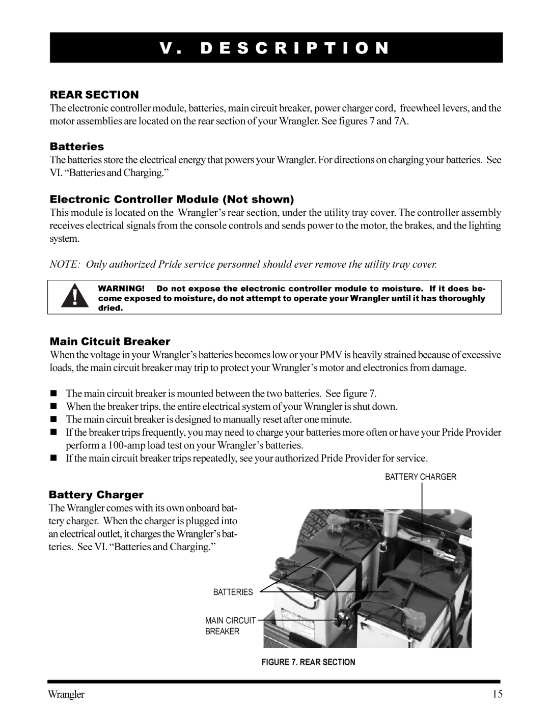 Pride Mobility Wrangler owner manual Rear Section, Batteries, Electronic Controller Module Not shown, Main Citcuit Breaker 