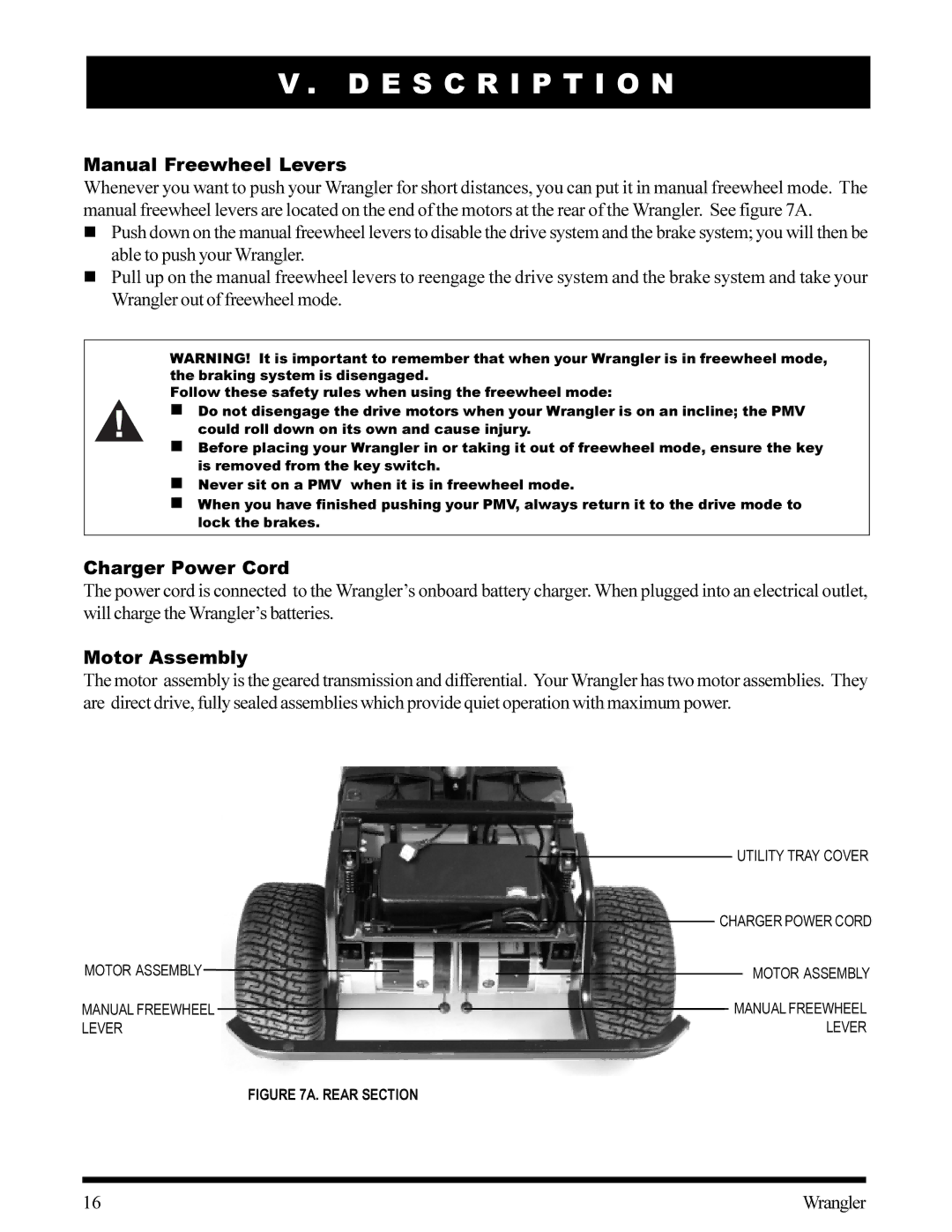 Pride Mobility Wrangler owner manual Manual Freewheel Levers, Charger Power Cord, Motor Assembly 