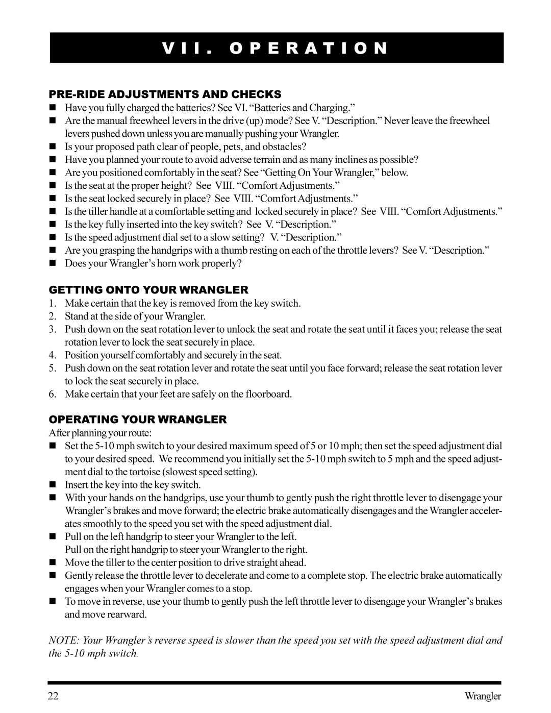 Pride Mobility owner manual I . O P E R a T I O N, PRE-RIDE Adjustments and Checks, Getting Onto Your Wrangler 