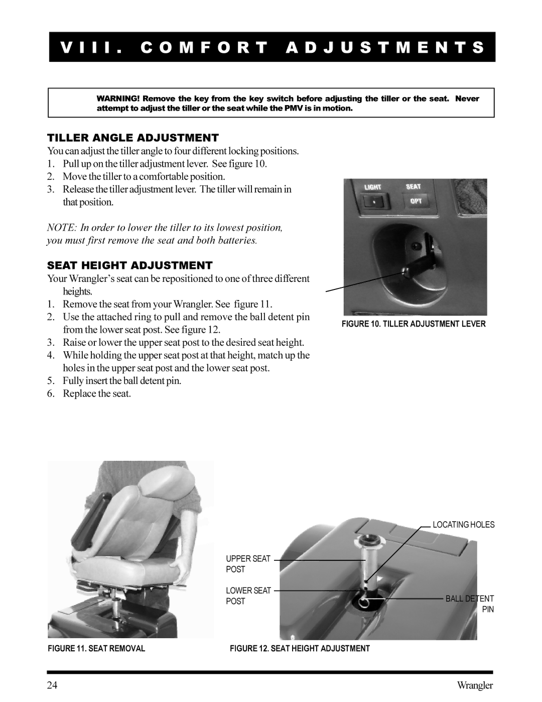 Pride Mobility Wrangler I I . C O M F O R T a D J U S T M E N T S, Tiller Angle Adjustment, Seat Height Adjustment 