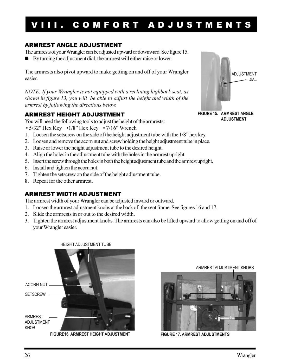 Pride Mobility Wrangler owner manual Armrest Angle Adjustment, Armrest Height Adjustment, Armrest Width Adjustment 