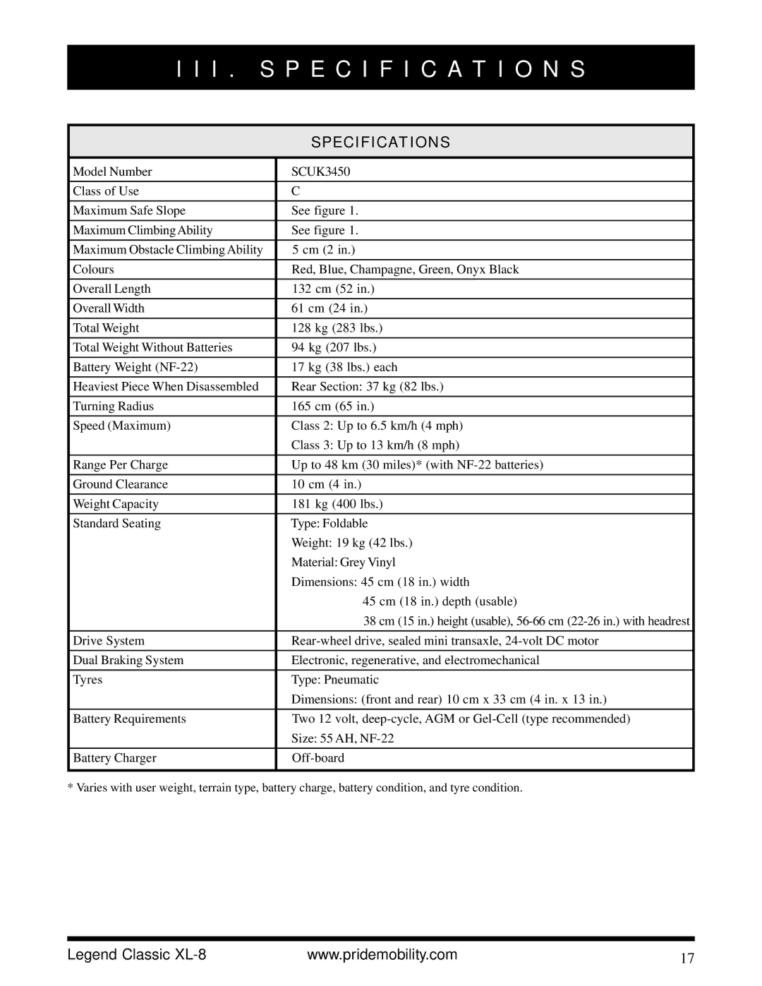 Pride Mobility XL-8 owner manual Specifications 