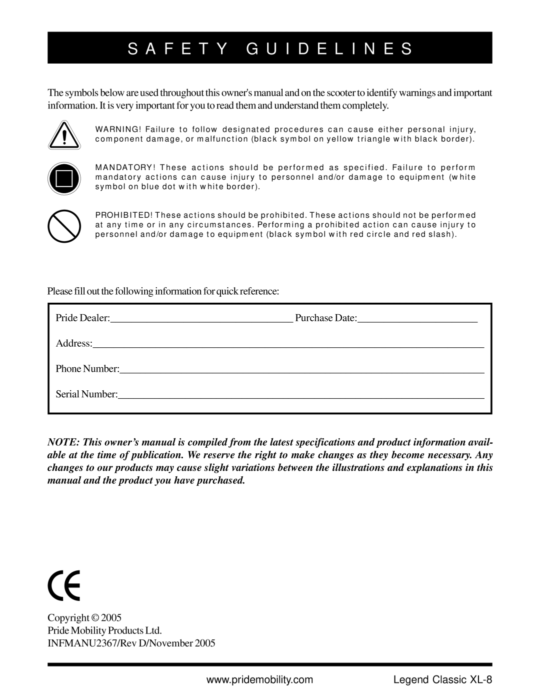 Pride Mobility XL-8 owner manual F E T Y G U I D E L I N E S 