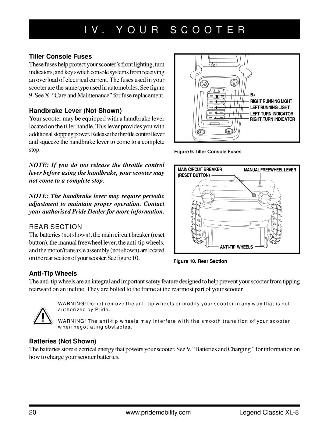 Pride Mobility XL-8 Tiller Console Fuses, Handbrake Lever Not Shown, Rear Section, Anti-Tip Wheels, Batteries Not Shown 