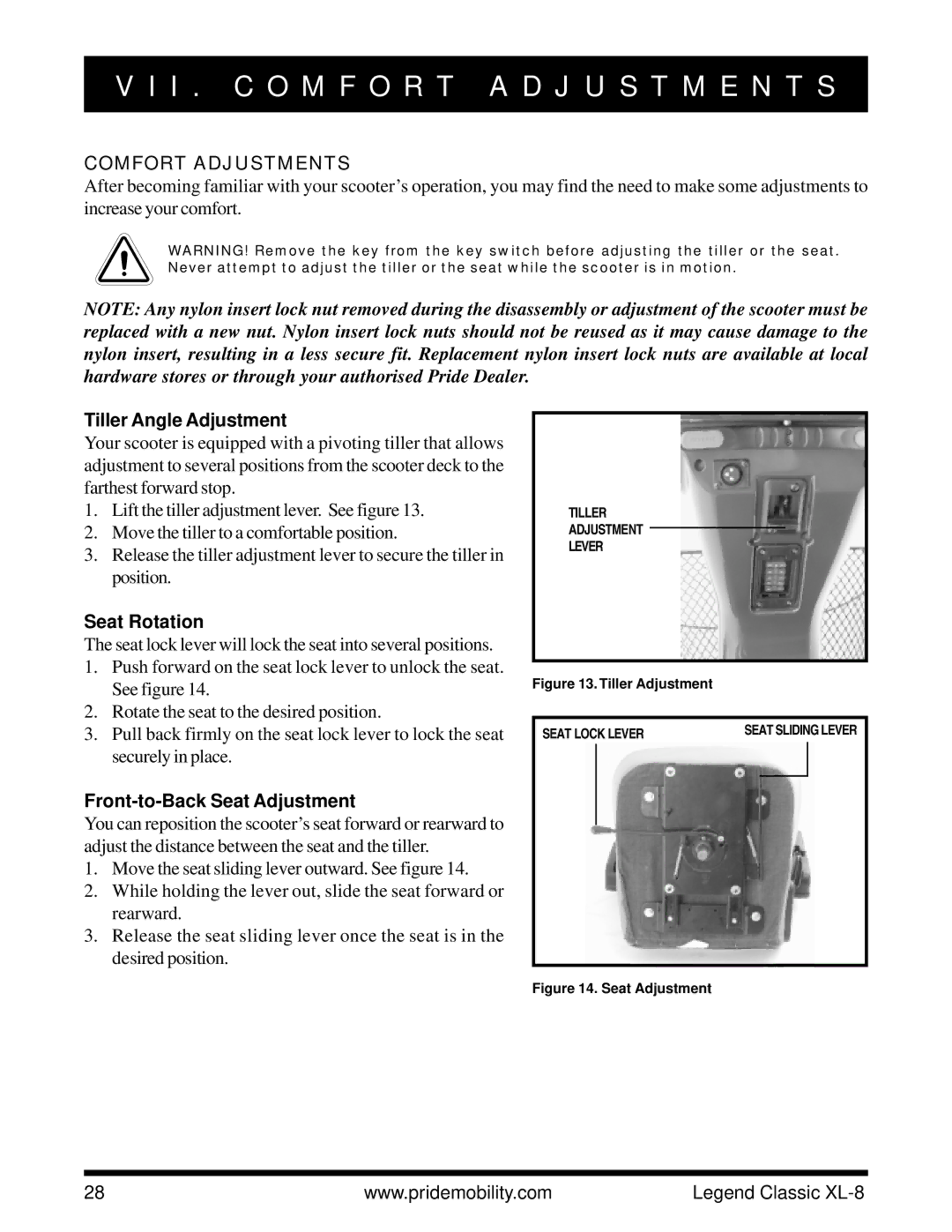 Pride Mobility XL-8 I . C O M F O R T a D J U S T M E N T S, Comfort Adjustments, Tiller Angle Adjustment, Seat Rotation 