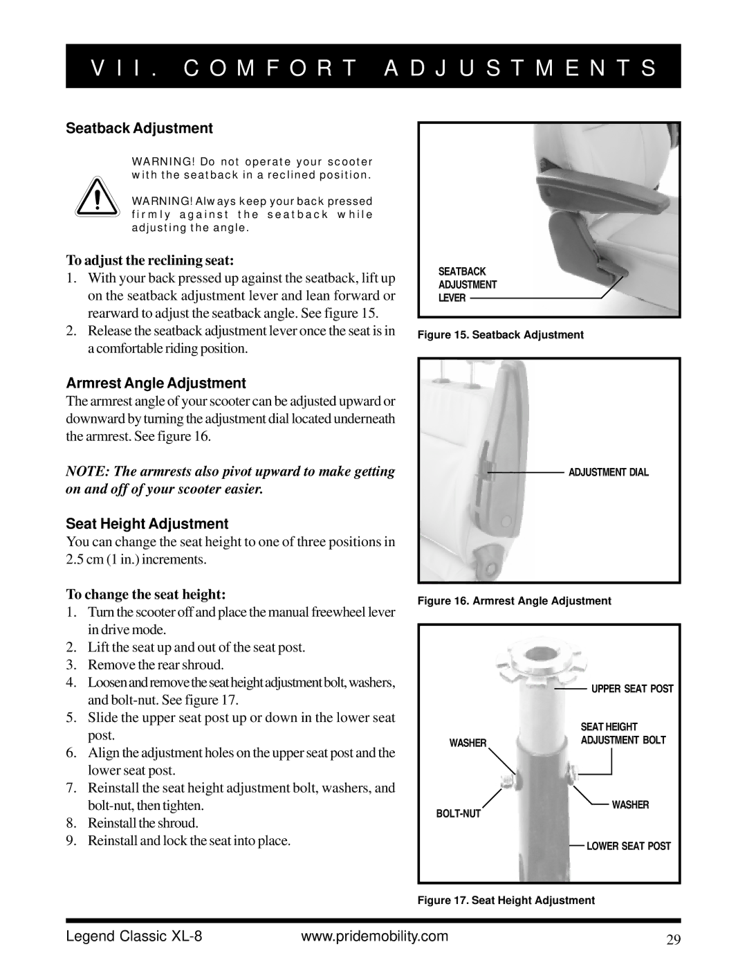 Pride Mobility XL-8 Seatback Adjustment, To adjust the reclining seat, Armrest Angle Adjustment, Seat Height Adjustment 