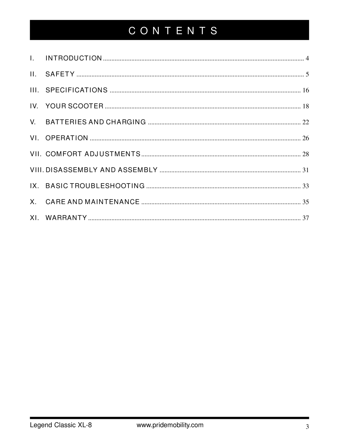 Pride Mobility XL-8 owner manual N T E N T S, Iii 