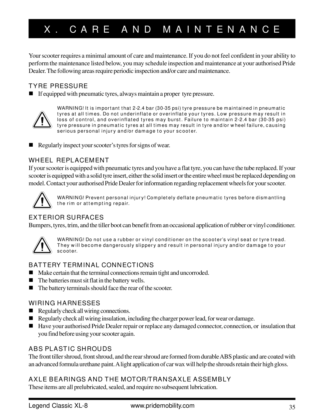 Pride Mobility XL-8 owner manual A R E a N D M a I N T E N a N C E 