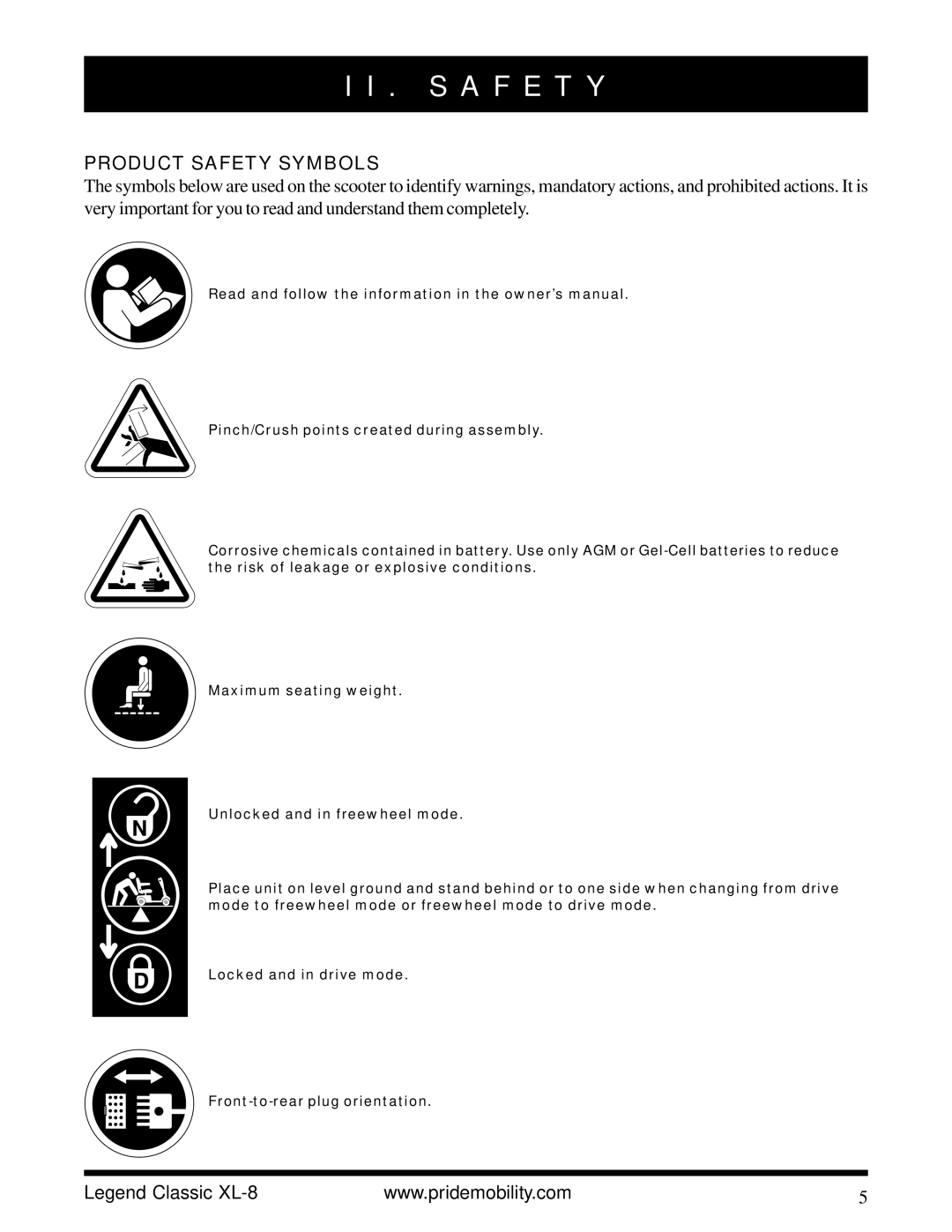 Pride Mobility XL-8 owner manual S a F E T Y, Product Safety Symbols 