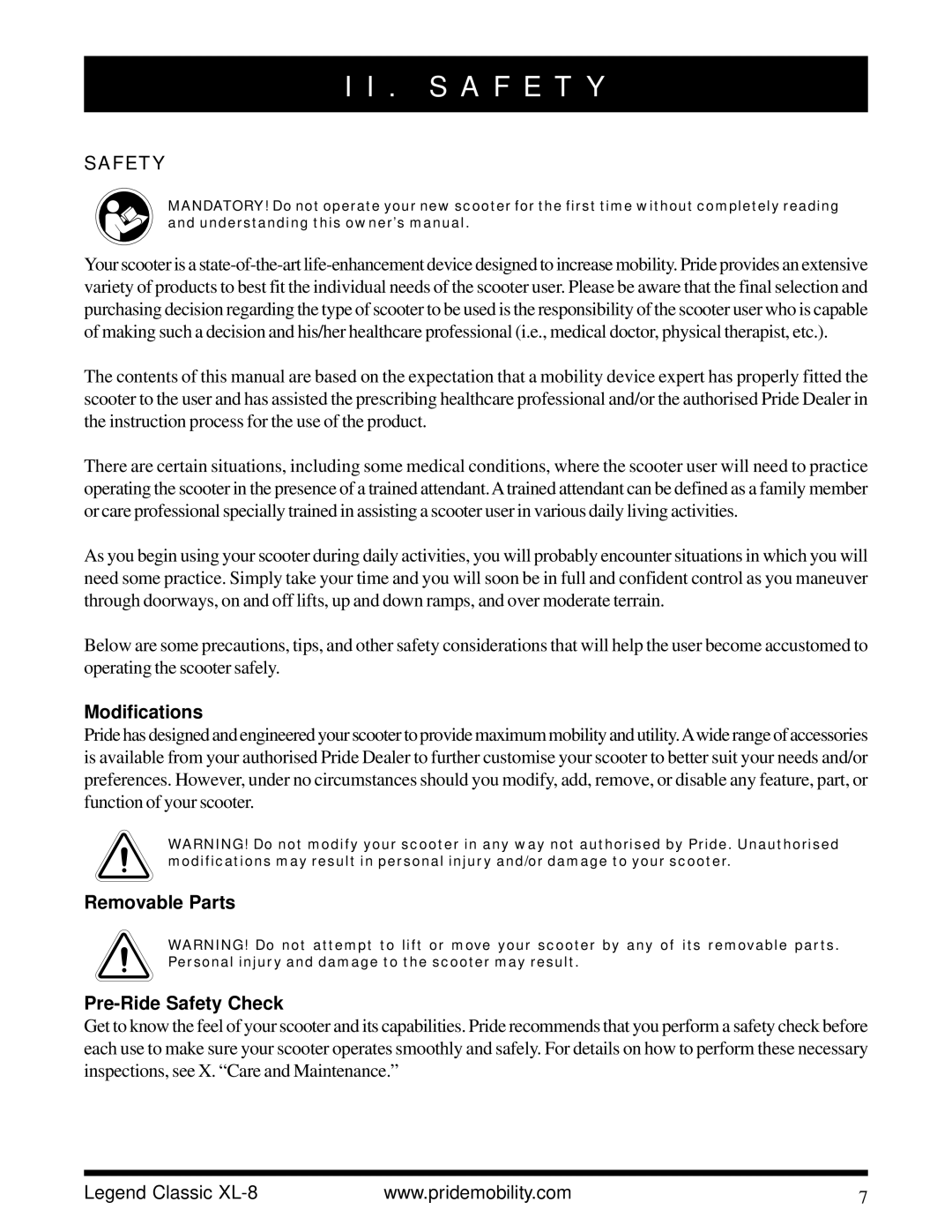 Pride Mobility XL-8 owner manual Modifications, Removable Parts Pre-Ride Safety Check 