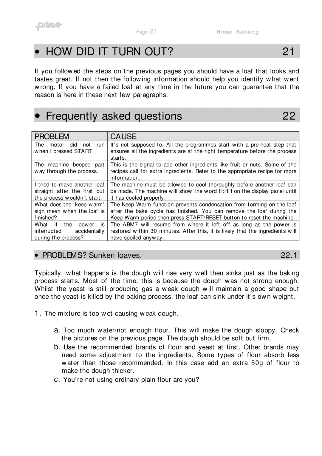 Prima ABM 7 instruction manual HOW did IT Turn OUT?, Mixture is too wet causing weak dough 