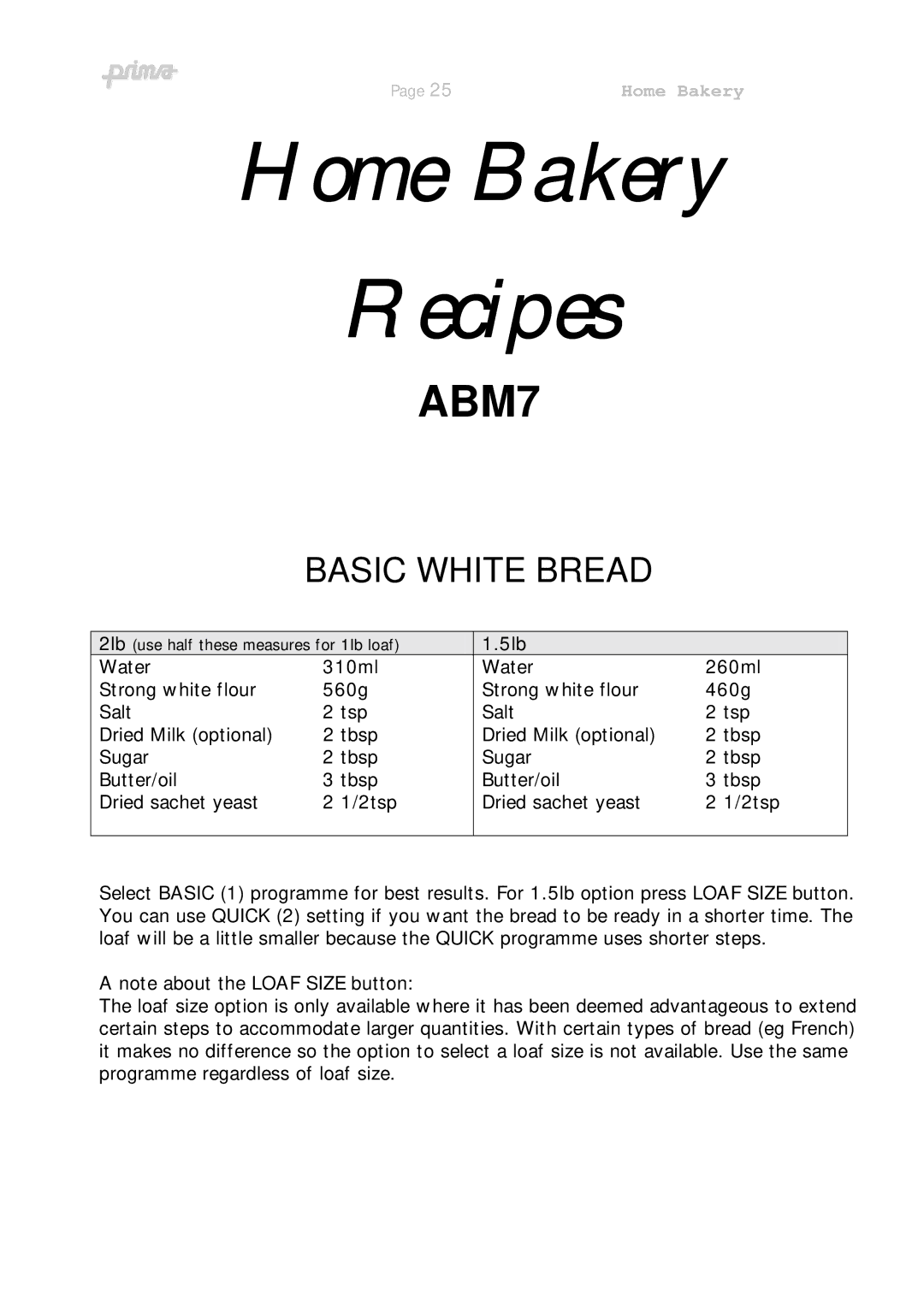 Prima ABM 7 instruction manual Basic White Bread, 5lb 