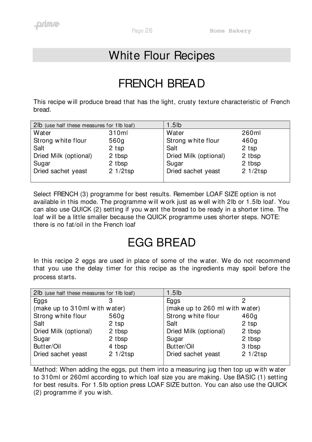 Prima ABM 7 instruction manual French Bread, EGG Bread 