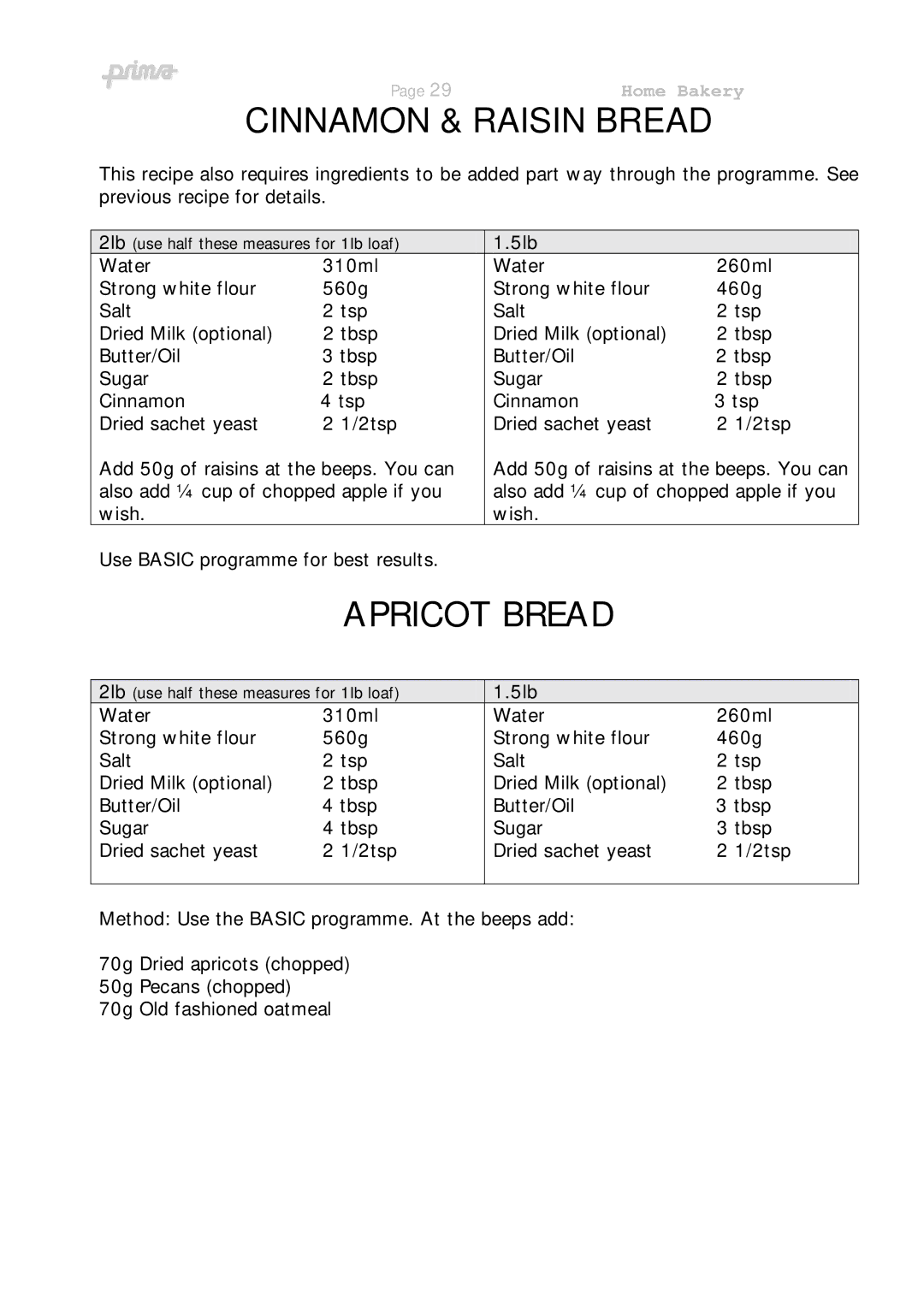 Prima ABM 7 instruction manual Cinnamon & Raisin Bread, Apricot Bread 