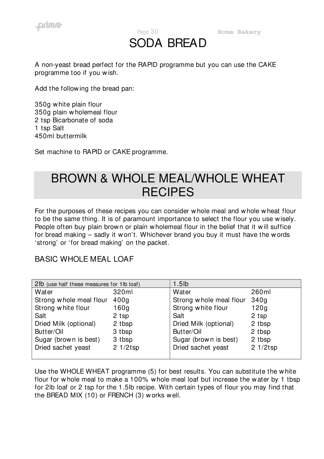 Prima ABM 7 instruction manual Soda Bread, Brown & Whole MEAL/WHOLE Wheat Recipes 