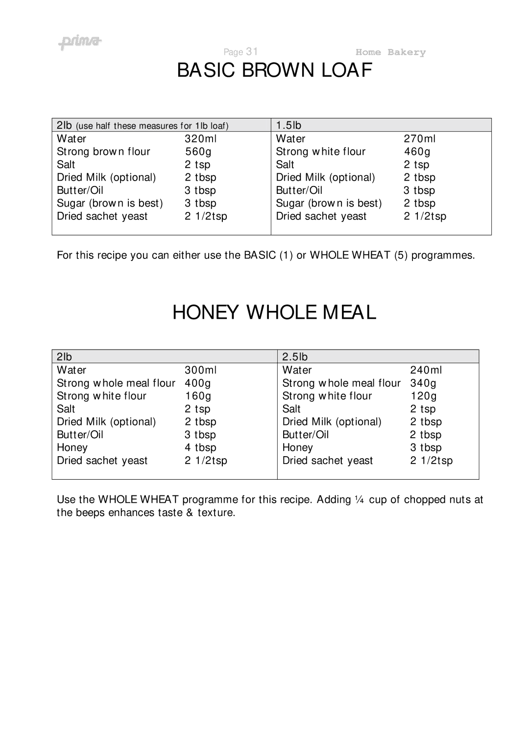 Prima ABM 7 instruction manual Basic Brown Loaf, Honey Whole Meal, 2lb 5lb 