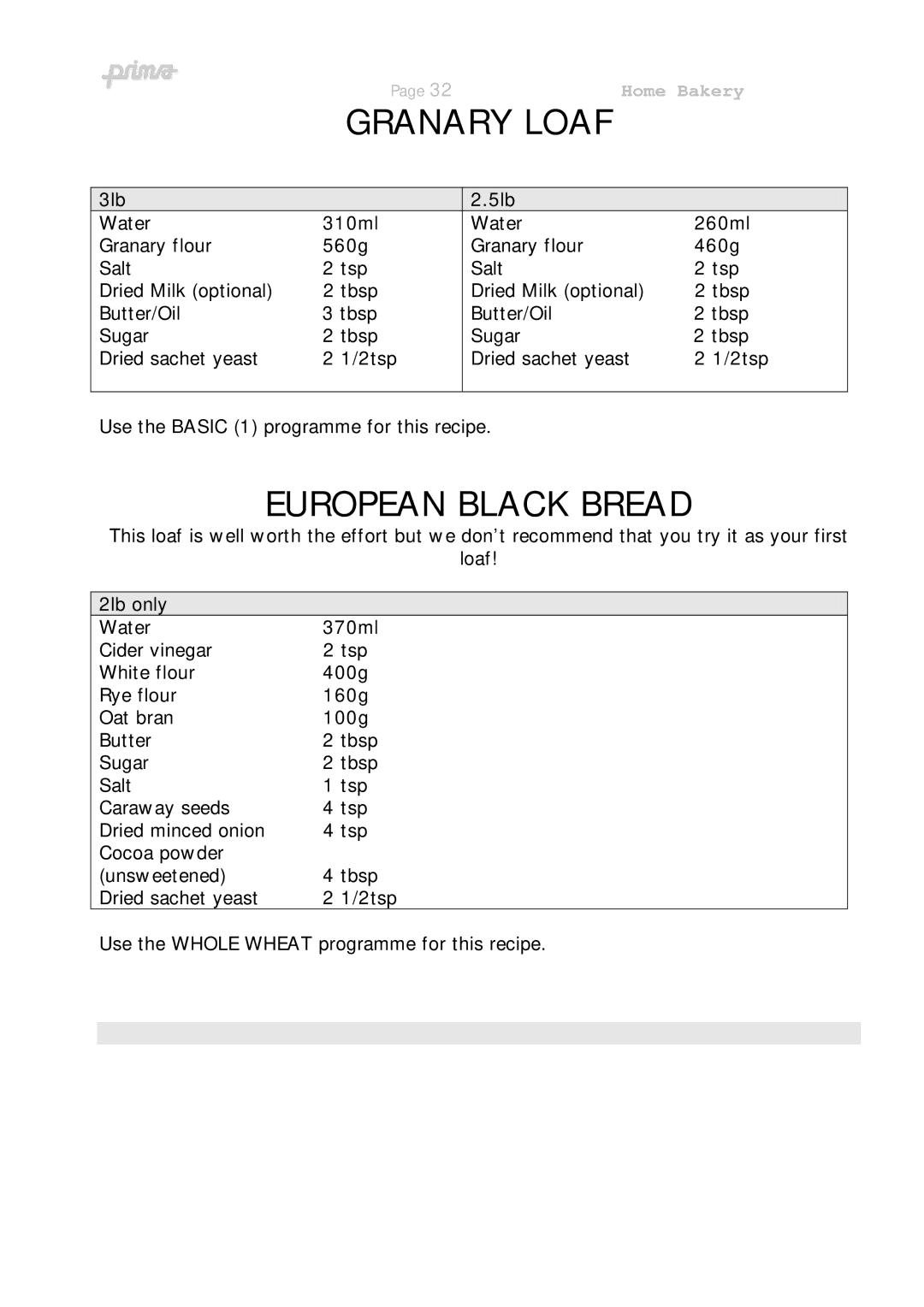 Prima ABM 7 instruction manual Granary Loaf, European Black Bread, 3lb 5lb, 2lb only 