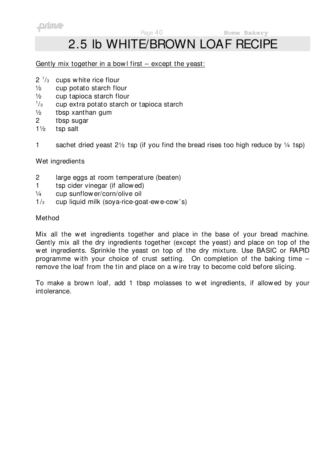 Prima ABM 7 instruction manual Lb WHITE/BROWN Loaf Recipe 