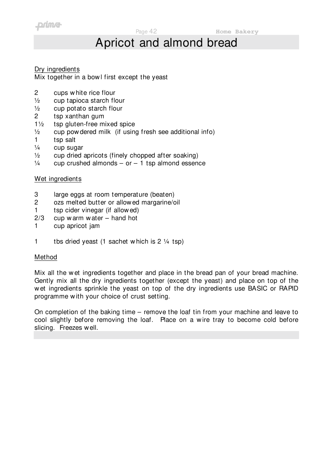 Prima ABM 7 instruction manual Apricot and almond bread, Dry ingredients, Wet ingredients, Method 