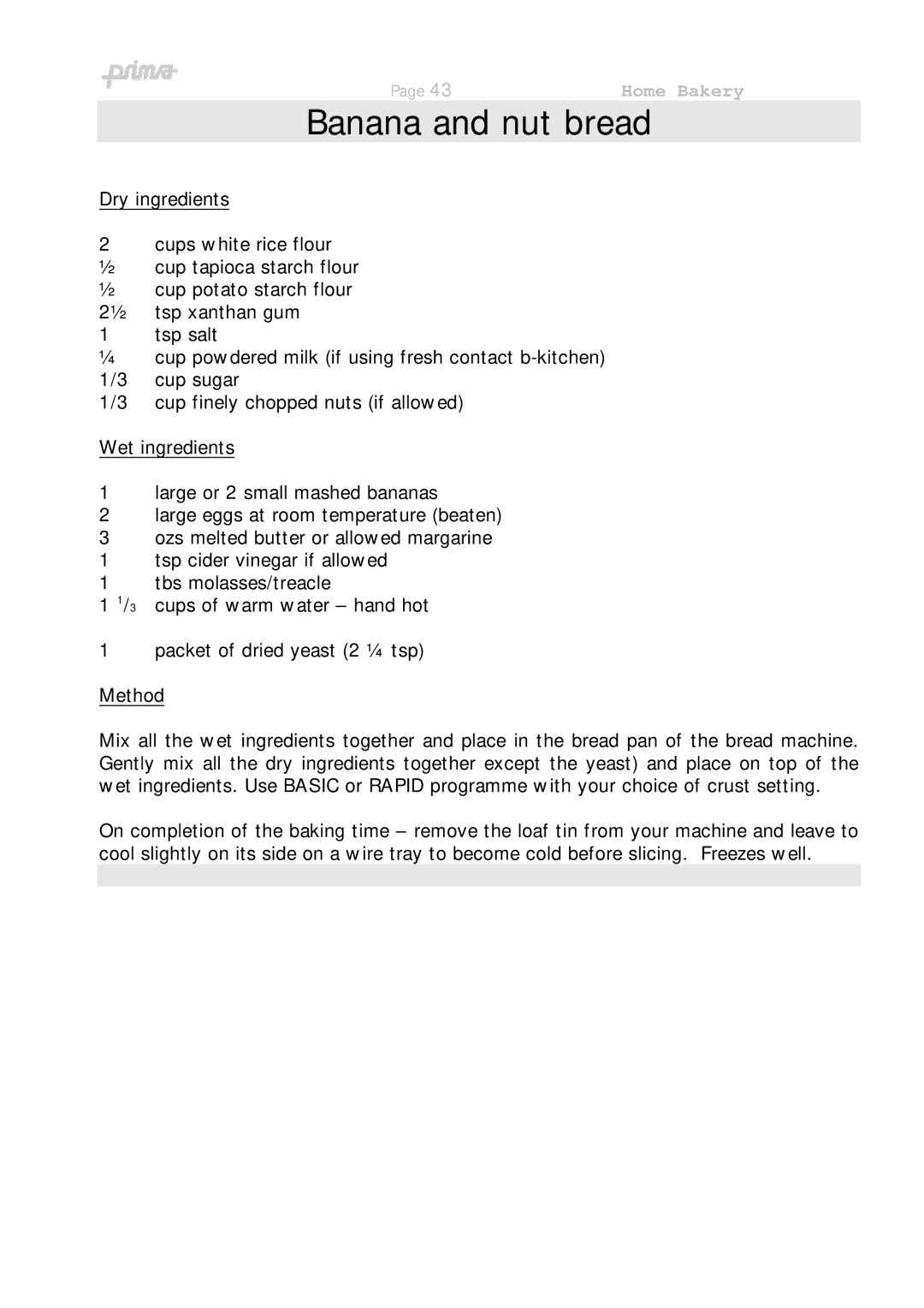 Prima ABM 7 instruction manual Banana and nut bread 