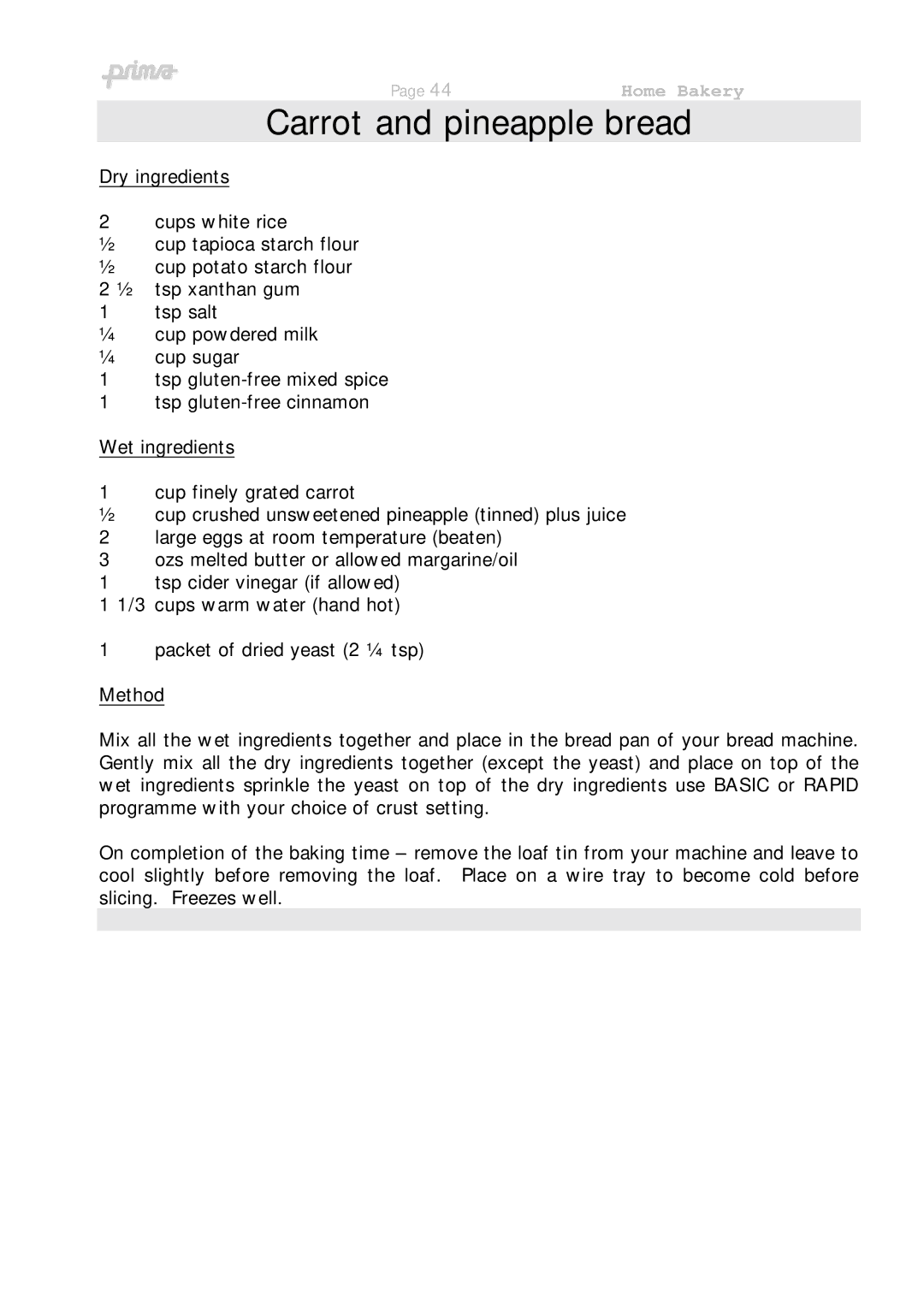 Prima ABM 7 instruction manual Carrot and pineapple bread 