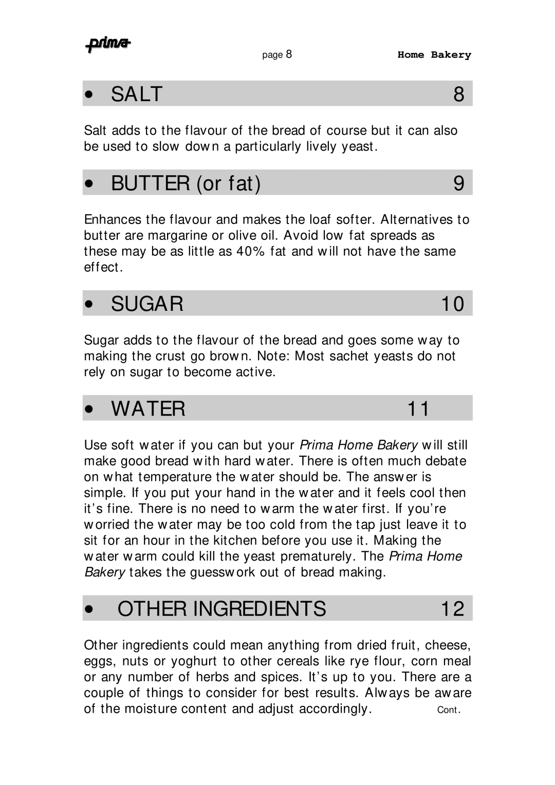 Prima ABM 7 instruction manual Salt, Sugar, Water, Other Ingredients 