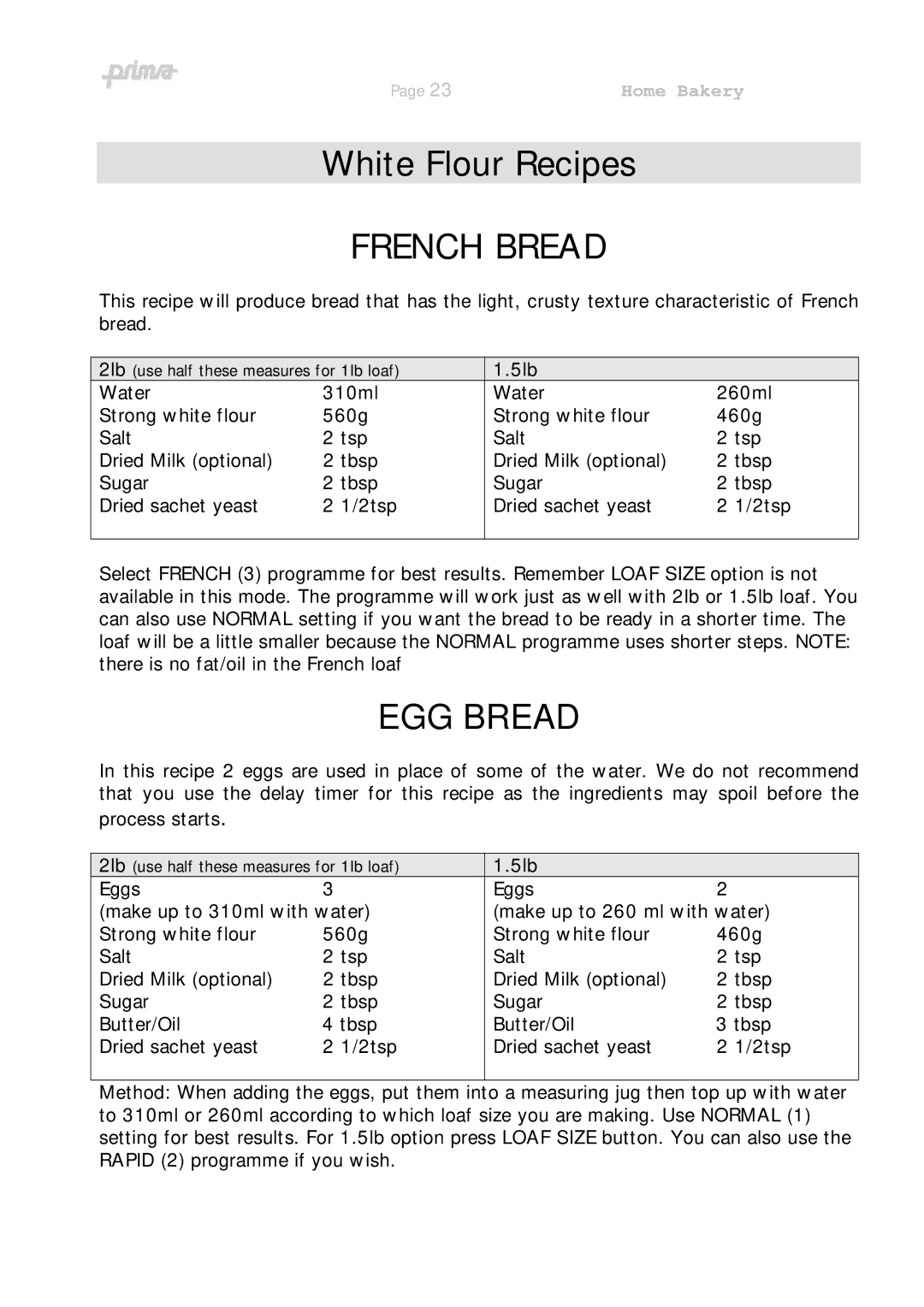 Prima ABM 9 instruction manual French Bread, EGG Bread 