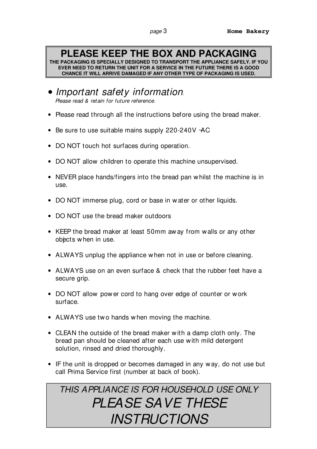 Prima ABM 9 instruction manual Please Save These Instructions 